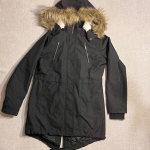 NUVANO Womens Black Faux Fur Hood Parka Winter Jacket Coat Size M